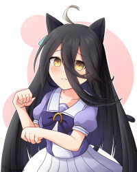 Rule 34 | 1girl, absurdres, ahoge, animal ears, black hair, blush, bow, brown eyes, cat ears, cat girl, cat tail, closed mouth, commentary request, goom (goomyparty), hair between eyes, hands up, highres, kemonomimi mode, long hair, looking at viewer, manhattan cafe (umamusume), paw pose, pink background, pleated skirt, puffy short sleeves, puffy sleeves, purple bow, purple shirt, shirt, short sleeves, skirt, solo, tail, two-tone background, umamusume, very long hair, white background, white skirt