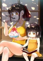 Rule 34 | 2girls, :o, bad id, bad pixiv id, black hair, blush, book, breasts, child, crossed legs, dappled sunlight, dress, eating, food, highres, holding, holding food, izawa (bhive003), large breasts, multiple girls, one side up, original, ponytail, reading, shaved ice, short shorts, shorts, sitting, spoon, sunlight, tank top, yellow eyes