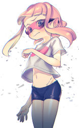 Rule 34 | 1girl, absurdres, aqua eyes, black shorts, blue eyes, chromatic aberration, closed mouth, eyewear on head, glasses, highres, inkling, inkling girl, inkling player character, light particles, long hair, looking to the side, navel, nintendo, puchiman, shirt, short hair, shorts, simple background, splatoon (series), splatoon 2, white background, white hair, white shirt