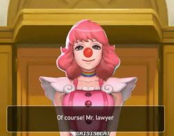Rule 34 | 1girl, 3d, ace attorney, animated, artist name, clown, clown girl, clown nose, confetti, convenient censoring, courtroom, crisisbeat, english text, geiru toneido, gloves, grey eyes, jiggle, long hair, lowres, no bra, phoenix wright: ace attorney - spirit of justice, pink hair, smile, solo, standing, subtitled, suspenders, suspenders pull, video