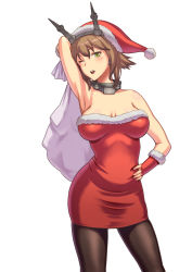 Rule 34 | 10s, 1girl, ;d, alternate costume, arm up, armpits, arms up, bare arms, bare shoulders, blush, breasts, brown hair, christmas, cleavage, detached sleeves, dress, female focus, green eyes, hair between eyes, hairband, hand on own hip, happy, hat, headgear, highres, holding, holding sack, imada hidehito, jewelry, kantai collection, looking at viewer, mutsu (kancolle), neck, neck ring, one eye closed, open mouth, pantyhose, red dress, sack, santa costume, santa hat, short dress, short hair, simple background, smile, solo, standing, strapless, strapless dress, white background, wink