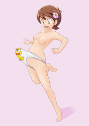 Rule 34 | 1girl, angry, armpits, barefoot, breasts, brown eyes, brown hair, dokonjou gaeru, flower, frog, frontal wedgie, hair flower, hair ornament, hairclip, highres, living clothes, naltoset, navel, nipples, open mouth, panties, pink background, print panties, pussy, pyonkichi, shadow, short hair, simple background, small breasts, small nipples, surprised, tms entertainment, topless, underwear, wedgie, yoshizawa kyouko