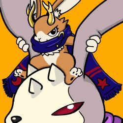 Rule 34 | 2023, andiramon (deva), chinese zodiac, crescent moon, deva (digimon), digimon, horns, looking at viewer, moon, pyontomon, rabbit ears, red eyes, scarf, size difference, star (symbol), year of the rabbit