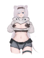 Rule 34 | 1girl, animal ears, arknights, aurora (arknights), bear ears, bear girl, black gloves, black hairband, blue eyes, breastless clothes, breasts, breasts out, cleavage cutout, clothing cutout, cowboy shot, cropped jacket, cropped legs, dlin (nnnl521), extra ears, gloves, grey hair, grey shorts, hair over one eye, hairband, hands on own breasts, highres, jacket, large breasts, long hair, long sleeves, midriff, navel, nipples, no bra, open mouth, shorts, simple background, sketch, solo, thigh strap, white background, white jacket