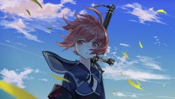 Rule 34 | 10s, 1girl, adapted costume, armband, cloud, cloudy sky, cross, day, highres, iron cross, kantai collection, looking away, parted lips, red eyes, red hair, ruisento, sailor collar, short hair, sky, sword, sword behind back, upper body, weapon, weapon on back, wind, z3 max schultz (kancolle)