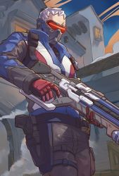 Rule 34 | 1boy, balcony, black gloves, blue jacket, crate, gloves, gun, handgun, holding, holding gun, holding weapon, holster, holstered, jacket, lmin, male focus, mask, outdoors, overwatch, overwatch 1, pistol, scar, scar on face, smoke, soldier: 76 (overwatch), solo, thigh strap, visor, weapon, white hair, window, zipper