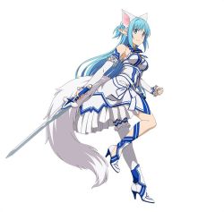 Rule 34 | 10s, 1girl, animal ears, asuna (sao), asuna (sao-alo), blue eyes, blue hair, breasts, detached sleeves, dress, fake animal ears, floating hair, fox ears, fox tail, full body, hairband, high heels, holding, holding sword, holding weapon, leg up, long hair, looking at viewer, medium breasts, pointy ears, simple background, sleeveless, sleeveless dress, smile, solo, standing, strapless, strapless dress, sword, sword art online, tail, very long hair, weapon, white background, white dress, white hairband
