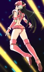 Rule 34 | 1girl, android, armor, ass, black hair, blue eyes, boots, detached sleeves, female focus, gradient background, helmet, long hair, looking back, panties, plawres sanshirou, sakurahime, solo, striped, striped background, thigh boots, thighhighs, underwear