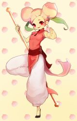 Rule 34 | 1girl, blush, chinese clothes, cookie run, double bun, food, fruit, full body, hair bun, looking at viewer, parted bangs, peach, peach cookie, pink hair, red eyes, ruck, short sleeves, solo