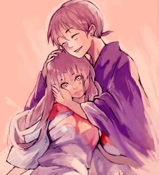Rule 34 | 1boy, 1girl, a916128, bad id, bad pixiv id, closed eyes, couple, earrings, hand on another&#039;s face, hand on another&#039;s head, hetero, hug, inuyasha, jewelry, miroku, miroku (inuyasha), pink theme, sango (inuyasha), smile, wide sleeves