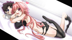 Rule 34 | 1boy, ass, astolfo (fate), bare shoulders, bed, blush, butt crack, fang, fate/apocrypha, fate/grand order, fate (series), garter belt, highres, long hair, looking at viewer, lying, male focus, multicolored hair, on stomach, one eye closed, open mouth, panties, pink hair, purple eyes, shiny skin, smile, solo, thighhighs, toron (mino106), trap, two-tone hair, underwear, very long hair, white hair, wink