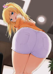 Rule 34 | 1girl, :d, absurdres, ass, bad id, bad pixiv id, bare shoulders, blonde hair, blue eyes, blush, commentary request, cowboy shot, from behind, from below, hair ornament, hair scrunchie, highres, huge ass, idolmaster, idolmaster cinderella girls, indoors, long hair, looking back, off-shoulder shirt, off shoulder, ohtsuki yui, one side up, open mouth, orange shirt, pantylines, pink scrunchie, pocket, scrunchie, shirt, short shorts, short sleeves, shorts, smile, solo, techi (techi35499), thick thighs, thighs, white shorts, wide hips