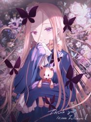 Rule 34 | 1girl, abigail williams (fate), black bow, black dress, blonde hair, blue flower, bow, bug, butterfly, commentary request, dress, fate/grand order, fate (series), floral background, flower, forehead, hair bow, insect, kinom (sculpturesky), long hair, long sleeves, looking at viewer, milestone celebration, no headwear, hugging object, orange bow, parted bangs, parted lips, polka dot, polka dot bow, purple eyes, sleeves past fingers, sleeves past wrists, solo, stuffed animal, stuffed toy, teddy bear, thank you, upper body, very long hair, white flower, yellow flower