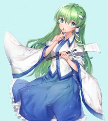 Rule 34 | 1girl, aqua background, bare shoulders, blue ribbon, blue skirt, blush, collared shirt, cowboy shot, detached sleeves, finger to mouth, frilled skirt, frills, frog hair ornament, gohei, green eyes, green hair, hair between eyes, hair ornament, hair tubes, head tilt, highres, holding, holding stick, kochiya sanae, leste (humansequencer), long hair, looking at viewer, ribbon, shirt, shushing, skirt, sleeve ribbon, sleeveless, sleeveless shirt, snake hair ornament, solo, stick, touhou, white shirt, wide sleeves
