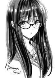 Rule 34 | 1girl, :o, black hair, character name, collared shirt, commentary request, copyright name, cropped torso, glasses, graphite (medium), greyscale, himawari-san, himawari-san (character), long hair, looking at viewer, monochrome, shirt, simple background, sketch, solo, sugano manami, traditional media, white background