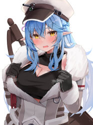 Rule 34 | 1girl, absurdres, ahoge, alternate costume, black gloves, blue hair, blush, braid, breasts, cleavage, commentary request, crop top, elf, french braid, fur-trimmed jacket, fur trim, gloves, grey jacket, hair between eyes, hat, highres, hololive, jacket, large breasts, long hair, long sleeves, looking at viewer, micon, open mouth, peaked cap, pointy ears, simple background, solo, sweat, upper body, virtual youtuber, white background, white hat, yellow eyes, yukihana lamy