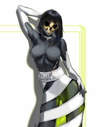 Rule 34 | 1girl, arm up, black hair, black skin, breasts, choker, colored skin, elbow gloves, female focus, fingerless gloves, gloves, gold, highres, mask, milin (orange maru), mole, mole under mouth, original, pussy, pussy peek, revealing clothes, skull mask, solo