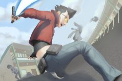 Rule 34 | 4boys, absurdres, beam katana, black footwear, black hair, black shirt, blue sky, building, cloud, cloudy sky, decapitation, denim, energy sword, fanny pack, highres, holding, holding weapon, jacket, jeans, long sleeves, looking at viewer, looking back, male focus, multiple boys, no more heroes, pants, parking lot, red jacket, shirt, sky, smile, snagback, sunglasses, sword, travis touchdown, weapon