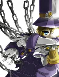 Rule 34 | 1boy, arc system works, blazblue, blazblue: calamity trigger, blonde hair, blue eyes, cape, carl clover, chain, child, glasses, gloves, glowing, hat, highres, male focus, simple background, solo, top hat