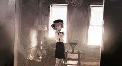 Rule 34 | 1girl, :o, backlighting, beret, black beret, black bow, black bowtie, black hat, black ribbon, black skirt, bow, bowtie, brown eyes, brown hair, chandelier, collared shirt, commentary request, day, dot nose, dress shirt, dutch angle, feet out of frame, flower, from side, hair flower, hair ornament, hair ribbon, hair rings, hat, hatoba tsugu, highres, indoors, jitome, lamp, long sleeves, looking at viewer, looking to the side, miniskirt, mole, mole under eye, muted color, open mouth, pantyhose, pleated skirt, ribbon, rose, shirt, short hair, skirt, solo, standing, sunlight, suspender skirt, suspenders, table, virtual youtuber, wavy hair, white flower, white pantyhose, white rose, white shirt, window, yoshioka yoshiko