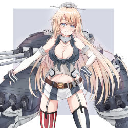 Rule 34 | 1girl, asymmetrical legwear, blonde hair, blue eyes, border, breasts, cannon, cleavage, commentary request, cowboy shot, dairyo3, fingerless gloves, front-tie top, garter straps, gloves, grey background, headgear, highres, iowa (kancolle), kantai collection, large breasts, long hair, looking at viewer, machinery, miniskirt, mismatched legwear, navel, skirt, smile, solo, standing, star-shaped pupils, star (symbol), striped clothes, striped thighhighs, symbol-shaped pupils, thighhighs, turret, vertical-striped clothes, vertical-striped thighhighs, white border