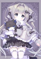 Rule 34 | 1girl, absurdres, animal ears, black dress, black hair, blush, bow, capelet, commission, copyright request, dress, fish bone, frilled capelet, frills, grey capelet, grey eyes, grey hair, hair bow, hair intakes, heart, highres, kemamire, long hair, long sleeves, scarf, skeb commission, solo, symbol-shaped pupils, thighhighs, twintails, very long hair, virtual youtuber, white scarf, white thighhighs, x-shaped pupils