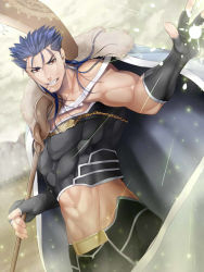 Rule 34 | 1boy, blue hair, cape, caster (fate/grand order), cu chulainn (fate), cu chulainn (caster) (fate), earrings, fate/grand order, fate/stay night, fate (series), fingerless gloves, gloves, jewelry, cu chulainn (fate/stay night), long hair, male focus, midriff, mitsuki mitsuno, red eyes, solo, staff