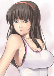 Rule 34 | 1girl, bare shoulders, black bra, blue eyes, bra, bra strap, breasts, brown hair, cleavage, dead or alive, hair ornament, hairband, hitomi (doa), impossible clothes, large breasts, lips, long hair, looking at viewer, nagase haruhito, sideboob, simple background, smile, solo, tank top, tecmo, underwear, upper body