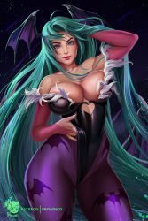 Rule 34 | 1girl, ahoge, animal print, artist logo, artist name, bare shoulders, bat print, bat wings, breasts, bridal gauntlets, capcom, cleavage, clothing cutout, collarbone, commentary, contrapposto, cowboy shot, demon girl, english commentary, eyelashes, eyeshadow, fingernails, gluteal fold, green eyes, green hair, head wings, heart, heart cutout, highleg, highleg leotard, highres, large breasts, leotard, leotard tug, lips, long fingernails, long hair, looking at viewer, low wings, makeup, mascara, mole, mole on breast, mons pubis, morrigan aensland, nail polish, night, night sky, nose, paid reward available, pantyhose, parted lips, patreon username, pink lips, print pantyhose, prywinko, purple eyeshadow, purple nails, purple wings, sky, solo, standing, star (sky), starry sky, thick eyebrows, vampire (game), wings