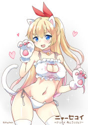 Rule 34 | 10s, 1girl, animal ears, animal hands, artist name, bad id, bad pixiv id, bell, blonde hair, blue eyes, blush, bra, breasts, cat cutout, cat ear panties, cat ears, cat lingerie, cat paws, cat tail, choker, cleavage cutout, clothing cutout, covered erect nipples, frilled bra, frills, gloves, gluteal fold, hair ribbon, heart, jingle bell, kaetzchen, kirisaki chitoge, long hair, medium breasts, meme attire, navel, neck bell, nisekoi, one eye closed, open mouth, panties, paw gloves, paw pose, ribbon, side-tie panties, signature, solo, stomach, tail, thighhighs, underwear, underwear only, white background, white bra, white panties, white thighhighs, wink