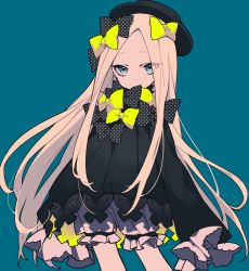 Rule 34 | 1girl, abigail williams (fate), black bow, black dress, black hat, blonde hair, blue background, blue eyes, bow, bubble skirt, covered mouth, cowboy shot, dress, eyes visible through hair, fate/grand order, fate (series), hair bow, hat, highres, long hair, long sleeves, looking at viewer, mochizuki kei, simple background, skirt, sleeves past wrists, solo, standing, very long hair, yellow bow
