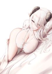 Rule 34 | 1girl, arm behind head, breasts, button gap, curled horns, highres, horns, huge breasts, long hair, lying, on side, original, purple eyes, shiroshisu, shirt, simple background, solo, very long hair, white background, white hair, white shirt