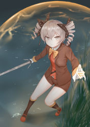Rule 34 | 1girl, absurdres, bow, bowtie, bronya zaychik, bronya zaychik (wolf&#039;s dawn), brown bow, brown jacket, brown shorts, brown socks, drill hair, full body, grass, grey eyes, grey hair, hair bow, highres, holding, holding sword, holding weapon, honkai (series), honkai impact 3rd, jacket, looking at viewer, lrichle, orange bow, orange bowtie, outdoors, polka dot, polka dot bow, red footwear, shorts, smile, socks, solo, sword, twin drills, weapon