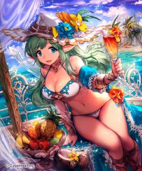 Rule 34 | 10s, 1girl, apple, arm support, banana, beach, bendy straw, bikini, blue eyes, bracelet, breasts, choker, cleavage, cleavage cutout, clothing cutout, coconut, company name, cross-laced clothes, cross-laced legwear, drinking straw, fairy wings, female focus, flower, food, fruit, fruit bowl, fruit cup, green hair, hat, hat flower, highres, jewelry, large breasts, lee hyeseung, long hair, looking at viewer, martini, navel, off shoulder, orange (fruit), outdoors, pineapple, pointy ears, shingeki no bahamut, shiny skin, sitting, smile, solo, string bikini, sun hat, swimsuit, thigh gap, watermark, white bikini, wings