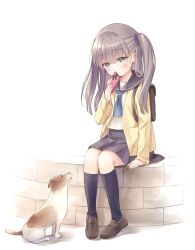Rule 34 | 1girl, arm support, backpack, bag, black sailor collar, black skirt, black socks, blue neckerchief, blush, brick wall, brown footwear, cardigan, covering own mouth, dog, full body, gift, grey eyes, grey hair, hand up, highres, holding, holding gift, kneehighs, loafers, long hair, long sleeves, looking at animal, looking down, na-ga, neckerchief, open cardigan, open clothes, original, sailor collar, school uniform, serafuku, shoes, simple background, sitting, skirt, sleeves past wrists, socks, solo, two side up, white background, yellow cardigan