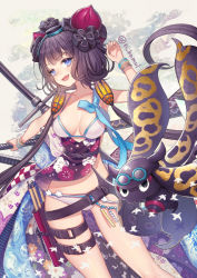 Rule 34 | 1girl, bare shoulders, belt, bikini, blue eyes, blush, bracelet, breasts, calligraphy brush, collarbone, fang, fate/grand order, fate (series), floral print, flower, goggles, goggles on head, hair flower, hair ornament, jewelry, kamui natsuki, katana, katsushika hokusai (fate), katsushika hokusai (swimsuit saber) (fate), looking at viewer, medium breasts, navel, obi, octopus, open mouth, paintbrush, pouch, purple hair, resolution mismatch, sash, short hair, short hair with long locks, sidelocks, smile, source larger, swimsuit, sword, tokitarou (fate), weapon, white bikini