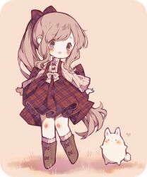Rule 34 | 1girl, animal ears, autumn, blue eyes, blush, blush stickers, boots, bow, brown background, brown footwear, brown hair, bubble skirt, chibi, commentary, dress, english commentary, eyelashes, footwear bow, grass, hair bow, heart, high-waist dress, highres, littlebluemuffin, long hair, long sleeves, looking at another, making-of available, open mouth, original, painttool sai (medium), plaid, plaid bow, plaid dress, ponytail, rabbit, rabbit ears, rabbit tail, red bow, red dress, shadow, short dress, skirt, sleeveless, sleeveless dress, smile, socks, solid oval eyes, striped clothes, striped socks, sweater, tail, turtleneck, turtleneck sweater, vertical-striped clothes, vertical-striped socks, vertical-striped sweater, very long hair, waist bow, white bow, white socks, white sweater, wide sleeves