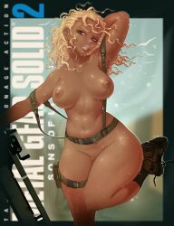 Rule 34 | 1girl, arm behind head, arm up, bird, blonde hair, blurry, boots, breasts, commentary, copyright name, dark-skinned female, dark skin, depth of field, english commentary, english text, feet out of frame, flock, fortune (metal gear), gun, highres, justrube, large breasts, leg up, lipstick, looking at viewer, makeup, medium hair, metal gear (series), metal gear solid 2: sons of liberty, naked suspenders, navel, nipples, pouch, railgun, signature, socks, solo, suspenders, sweat, thigh pouch, thigh strap, weapon