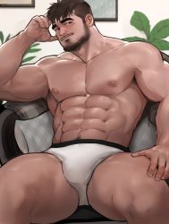 Rule 34 | 1boy, abs, bara, beard, blush, briefs, brown hair, bulge, couch, dopey (dopq), facial hair, feet out of frame, highres, large pectorals, male focus, male underwear, muscular, navel, navel hair, nipples, original, pectorals, short hair, simple background, sitting, solo, spread legs, thick thighs, thighs, underwear, underwear only, veins