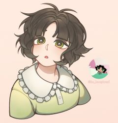 Rule 34 | 1girl, artist name, black hair, bright pupils, buttercup (ppg), buttercup redraw challenge (meme), collar, cropped torso, derivative work, frilled collar, frills, green eyes, green pajamas, highres, im honeybread, looking at viewer, meme, messy hair, pajamas, pink background, powerpuff girls, reference inset, screenshot inset, screenshot redraw, simple background, solo, white pupils