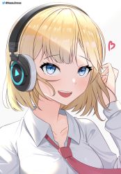 Rule 34 | 1girl, blonde hair, blue eyes, collared shirt, commentary, english commentary, headphones, heart, highres, hololive, hololive english, looking at viewer, necktie, nessu (nnn07897), open mouth, red necktie, shirt, short hair, simple background, smile, solo, teeth, twitter username, upper body, upper teeth only, virtual youtuber, watson amelia, white background, white shirt
