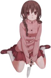 Rule 34 | 1girl, 6274, bad id, bad pixiv id, ballpen, braid, brown eyes, brown hair, buttons, full body, hair over shoulder, highres, kani biimu, kneeling, knife, loafers, looking up, madotsuki, pink shirt, purple skirt, shirt, shoes, simple background, sitting, skirt, socks, solo, sweater, twin braids, twintails, wariza, weapon, white background, white socks, yume nikki