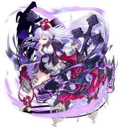 Rule 34 | 1girl, aura, black dress, breasts, closed mouth, cross, dragon, dress, finger to mouth, floating hair, full body, hat, high heels, long hair, long sleeves, looking at viewer, nyori, original, outstretched arm, pink eyes, silver hair, small breasts, solo, very long hair, wide sleeves