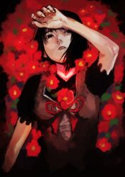 1girl amakura_mayu arm_up black_hair dress fatal_frame fatal_frame_2 flower gauss_&lt;bokashi highres lips looking_at_viewer red_flower red_ribbon ribbon short_hair solo