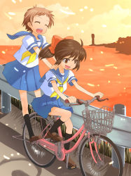 Rule 34 | &gt;:d, 2girls, :d, ^ ^, bad id, bad pixiv id, bicycle, black socks, blouse, blue skirt, bow, closed eyes, grass, guard rail, hair bow, hands on another&#039;s shoulders, horizon, kneehighs, loafers, multiple girls, multiple riders, neckerchief, ocean, okina ika, open mouth, original, outdoors, ponytail, riding, road, school uniform, serafuku, shirt, shoes, short hair, short sleeves, signature, skirt, sky, smile, socks, standing, sunset, v-shaped eyebrows, white shirt