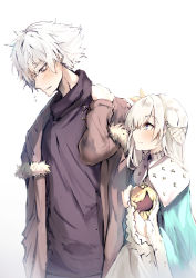 Rule 34 | 1boy, 1girl, anastasia (fate), blue eyes, blush, cape, doll, dress, earrings, fate/grand order, fate (series), fur trim, hairband, hand on own neck, jacket, jewelry, kadoc zemlupus, long hair, looking at another, nakatokung, royal robe, silver hair, simple background, smile, white background, yellow eyes