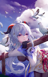 Rule 34 | 1girl, absurdres, ahoge, aoi (buzhuen444), bare shoulders, bell, bird, black gloves, black legwear, blue hair, blue sky, breasts, chinese knot, cloud, detached sleeves, fence, flower knot, ganyu (genshin impact), genshin impact, gloves, gold trim, hanging breasts, head rest, highres, horns, long hair, looking to the side, medium breasts, neck bell, parted lips, purple eyes, red rope, rope, sky, tassel, very long hair, vision (genshin impact), white sleeves