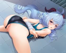 Rule 34 | 1girl, ahoge, anus, ass, back, blue hair, blush, breasts, censored, clothing aside, competition swimsuit, ganyu (genshin impact), genshin impact, hajika, horns, long hair, looking at viewer, looking back, mosaic censoring, one-piece swimsuit, open mouth, purple eyes, pussy, restrained, small breasts, solo, swimsuit, swimsuit aside, top-down bottom-up
