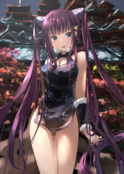 Rule 34 | 1girl, architecture, bare shoulders, black dress, blue eyes, blush, breasts, castle, china dress, chinese clothes, cleavage, cleavage cutout, clothing cutout, detached sleeves, dress, east asian architecture, fate/grand order, fate (series), hair ornament, highres, large breasts, leaf hair ornament, long hair, looking at viewer, purple hair, sakazakinchan, side slit, sidelocks, twintails, very long hair, yang guifei (fate)