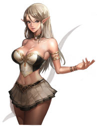 Rule 34 | 1girl, absurdres, arm at side, armlet, bare shoulders, blue eyes, breasts, choker, cleavage, crop top, elf, female focus, g o 91, grey eyes, grey skirt, hair between eyes, highres, jewelry, kim na young, large breasts, legs, legs together, light smile, lips, long hair, looking at viewer, midriff, miniskirt, navel, neck, necklace, original, pantyhose, pleated skirt, pointy ears, silver hair, simple background, skirt, smile, solo, standing, strapless, white background, wide hips